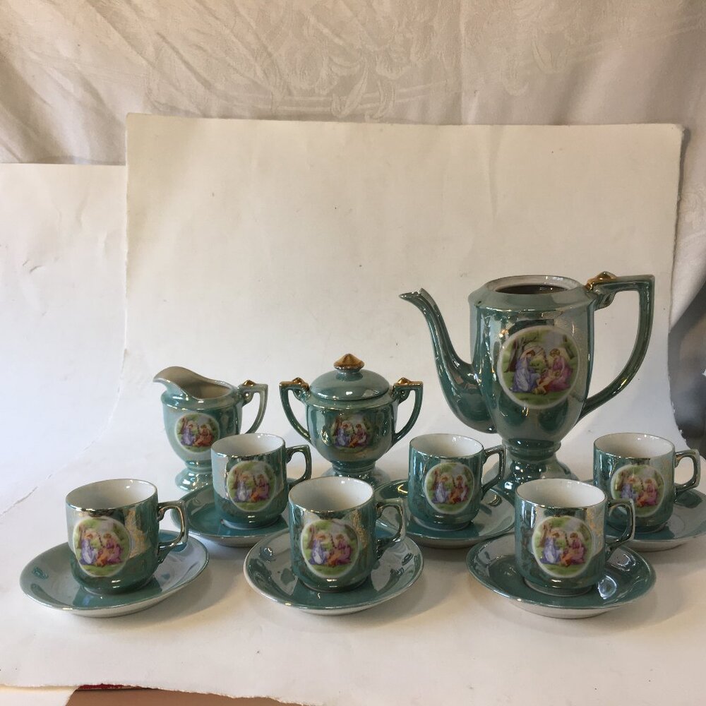 Vintage Victorian Couple Iridescent Porcelain Tea Set Luster Japan Blue Teapot